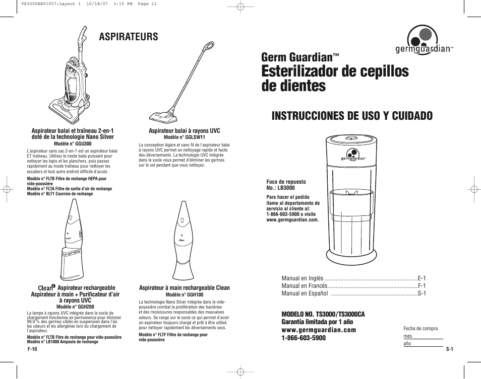 Esterilizador de cepillos de dientes, Germ guardian, Instrucciones de uso y cuidado | Aspirateurs | Guardian Technologies Germ Guardian TS3000CA User Manual | Page 11 / 16