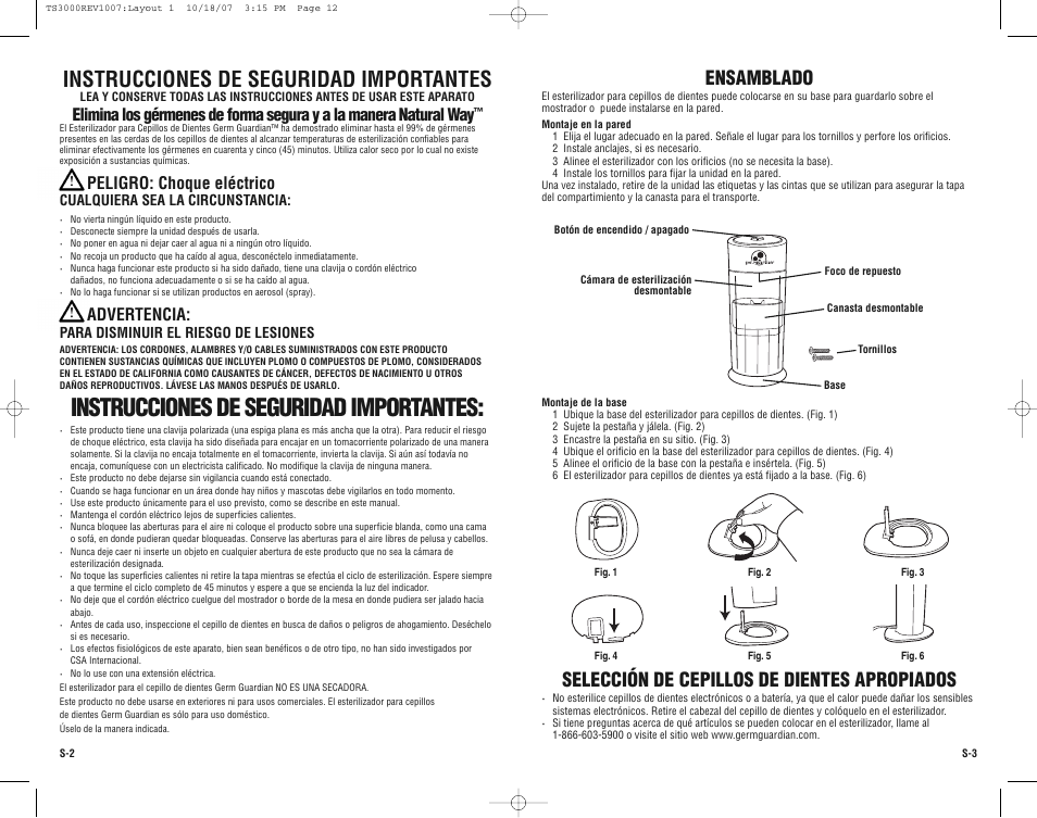 Instrucciones de seguridad importantes, Ensamblado, Selección de cepillos de dientes apropiados | Peligro: choque eléctrico, Advertencia, Cualquiera sea la circunstancia, Para disminuir el riesgo de lesiones | Guardian Technologies Germ Guardian TS3000CA User Manual | Page 12 / 16