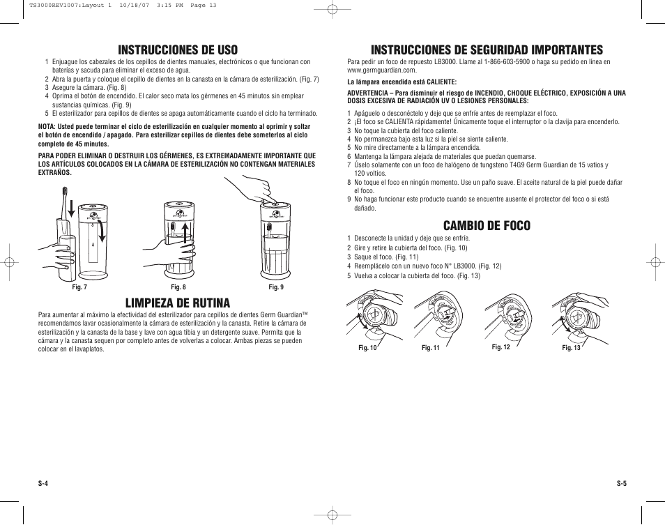 Limpieza de rutina, Cambio de foco, Instrucciones de uso | Instrucciones de seguridad importantes | Guardian Technologies Germ Guardian TS3000CA User Manual | Page 13 / 16