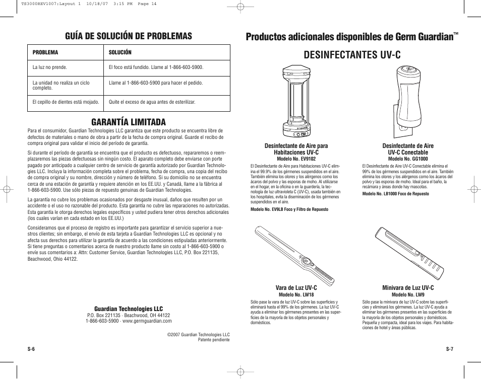 Productos adicionales disponibles de germ guardian, Desinfectantes uv-c, Guía de solución de problemas | Garantía limitada | Guardian Technologies Germ Guardian TS3000CA User Manual | Page 14 / 16