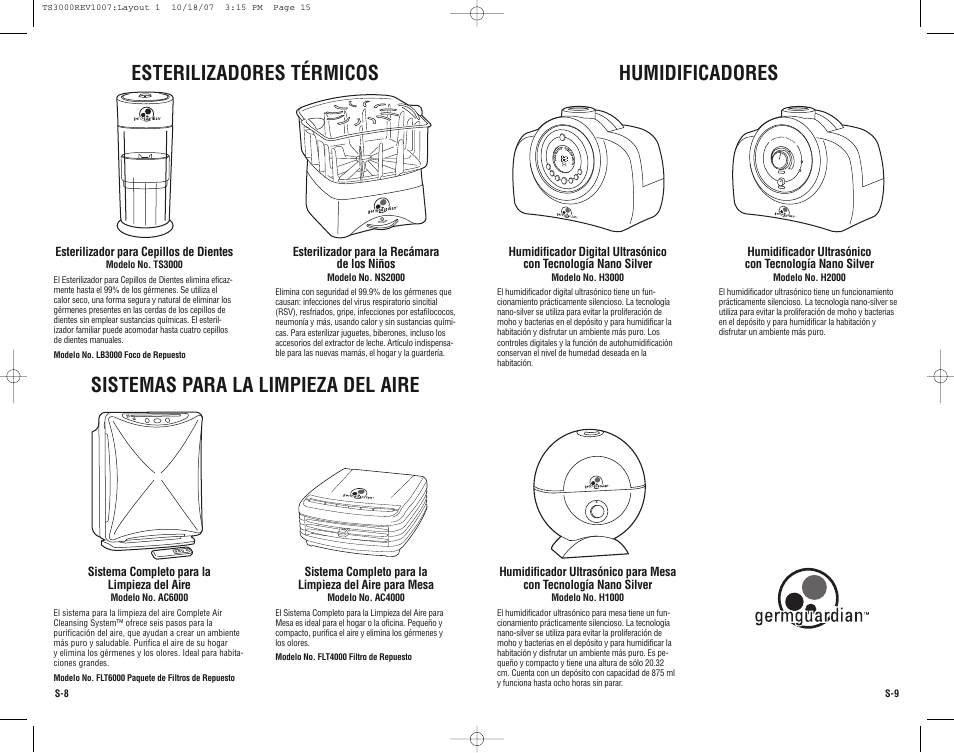 Esterilizadores térmicos, Sistemas para la limpieza del aire, Humidificadores | Guardian Technologies Germ Guardian TS3000CA User Manual | Page 15 / 16