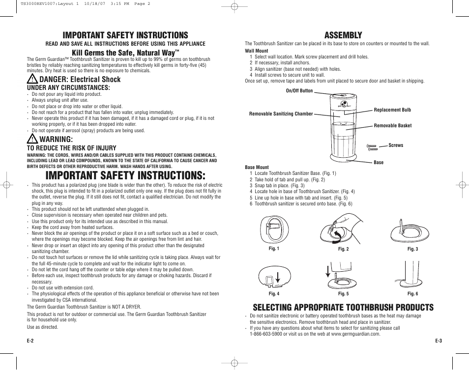 Important safety instructions, Assembly, Kill germs the safe, natural way | Danger: electrical shock, Warning | Guardian Technologies Germ Guardian TS3000CA User Manual | Page 2 / 16