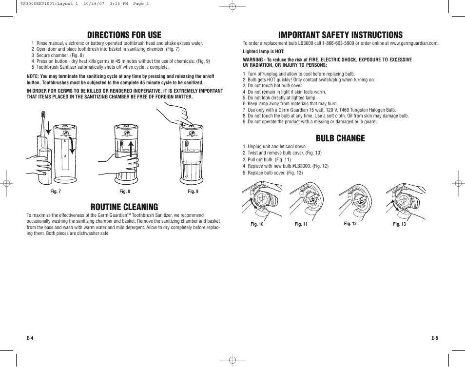 Routine cleaning, Bulb change, Directions for use | Important safety instructions | Guardian Technologies Germ Guardian TS3000CA User Manual | Page 3 / 16