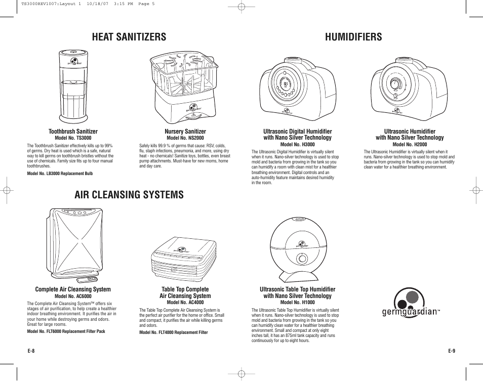 Heat sanitizers, Air cleansing systems, Humidifiers | Guardian Technologies Germ Guardian TS3000CA User Manual | Page 5 / 16