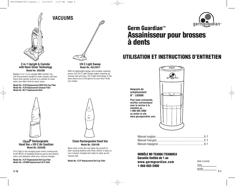 Assainisseur pour brosses à dents, Germ guardian, Utilisation et instructions d’entretien | Vacuums | Guardian Technologies Germ Guardian TS3000CA User Manual | Page 6 / 16