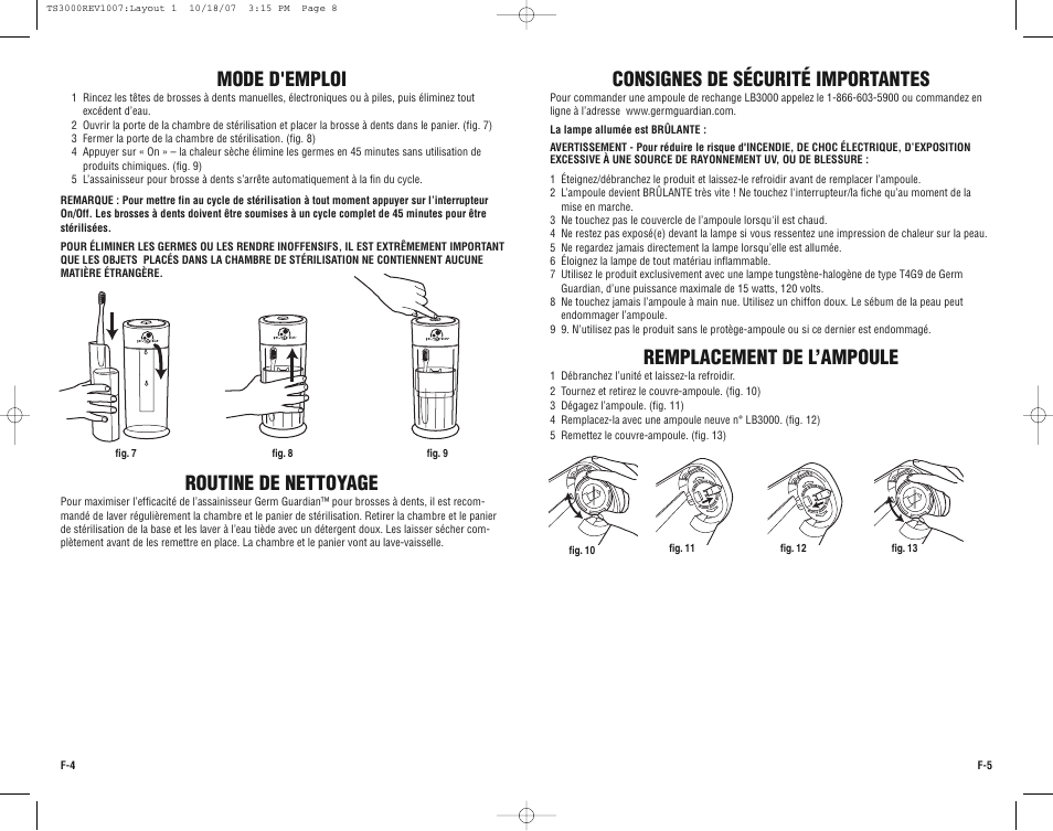 Mode d'emploi, Routine de nettoyage, Remplacement de l’ampoule | Consignes de sécurité importantes | Guardian Technologies Germ Guardian TS3000CA User Manual | Page 8 / 16