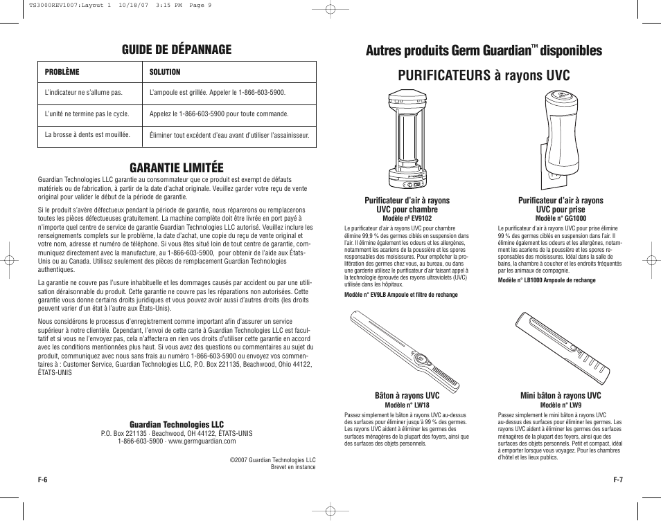 Autres produits germ guardian, Disponibles, Purificateurs à rayons uvc | Garantie limitée, Guide de dépannage | Guardian Technologies Germ Guardian TS3000CA User Manual | Page 9 / 16