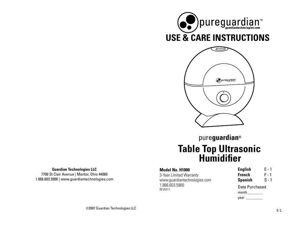 Guardian Technologies PUREGUARDIAN H1000 User Manual | 5 pages