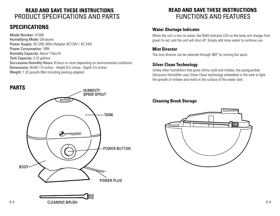 Specifications parts | Guardian Technologies PUREGUARDIAN H1000 User Manual | Page 2 / 5