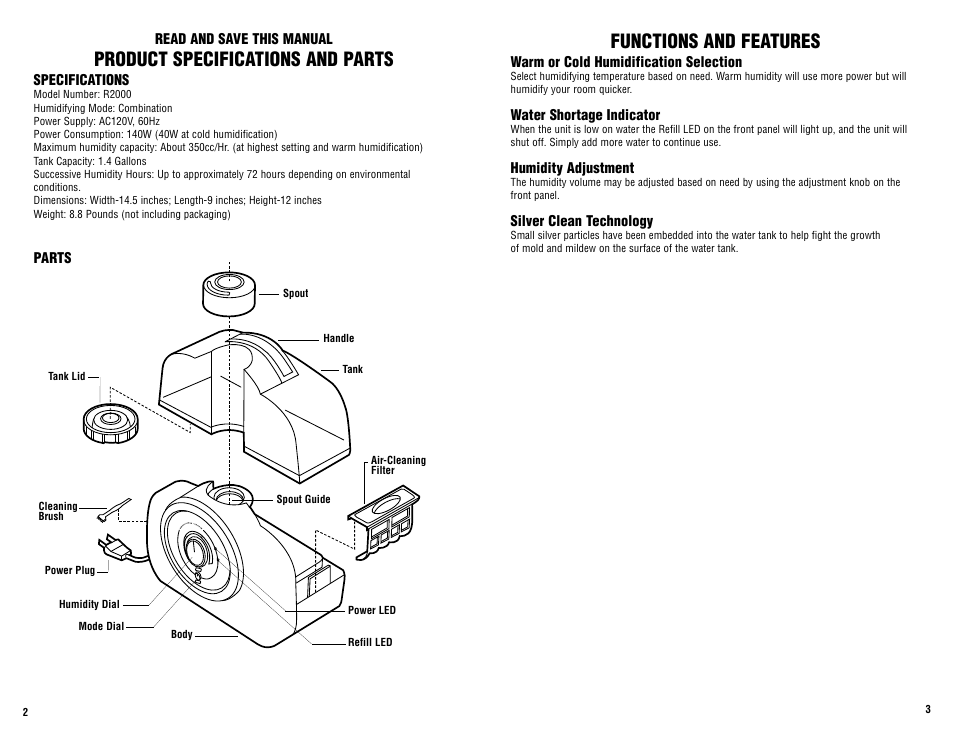 Product specifications and parts, Functions and features | Guardian Technologies R2000 User Manual | Page 2 / 4