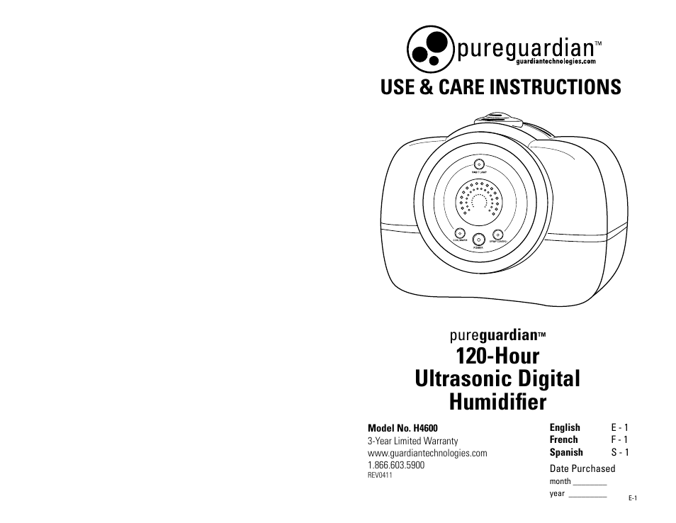 Guardian Technologies PUREGUARDIAN H4600 User Manual | 5 pages