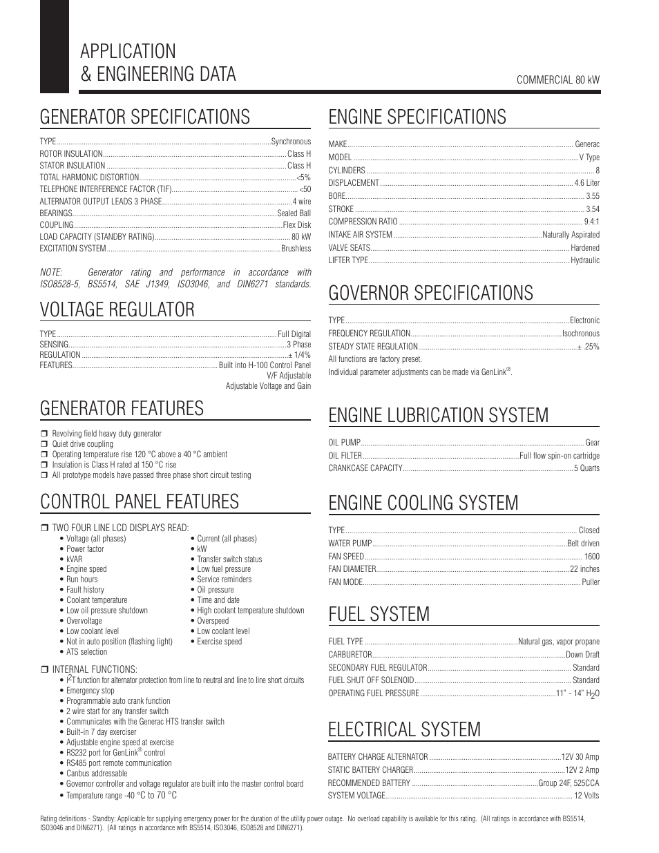 Application & engineering data, Generator specifications, Generator features | Voltage regulator, Control panel features, Engine specifications, Governor specifications, Engine lubrication system, Engine cooling system, Fuel system | Guardian Technologies 05649 User Manual | Page 2 / 4