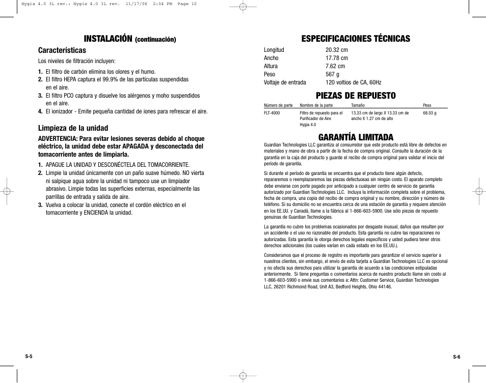 Instalación, Especificaciones técnicas, Piezas de repuesto | Garantía limitada, Características, Limpieza de la unidad | Guardian Technologies Hygia 4.0 User Manual | Page 10 / 10