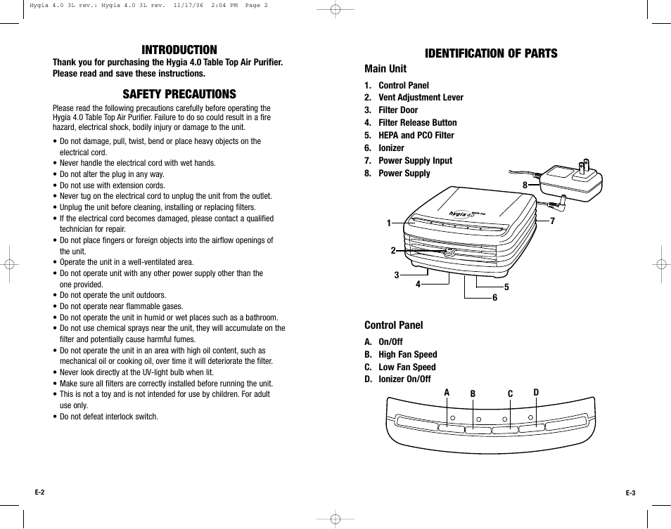 Introduction, Safety precautions, Identification of parts | Guardian Technologies Hygia 4.0 User Manual | Page 2 / 10
