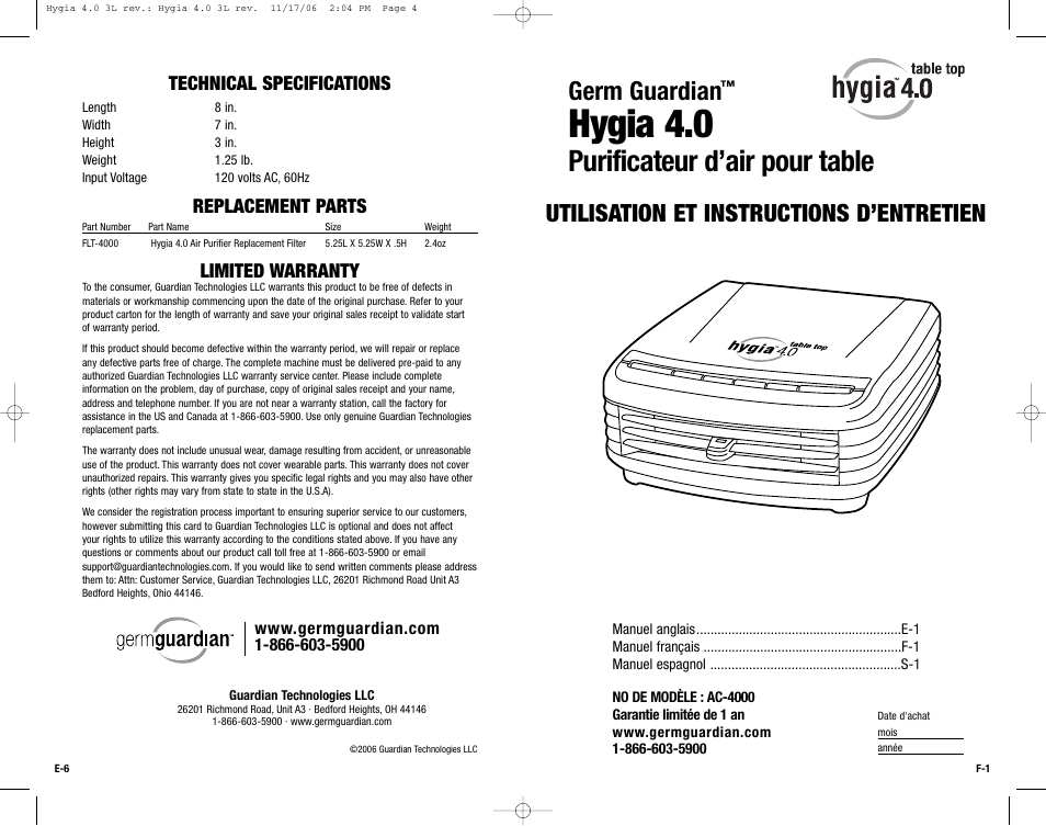 Hygia 4.0, Purificateur d’air pour table, Germ guardian | Utilisation et instructions d’entretien, Technical specifications, Replacement parts, Limited warranty | Guardian Technologies Hygia 4.0 User Manual | Page 4 / 10