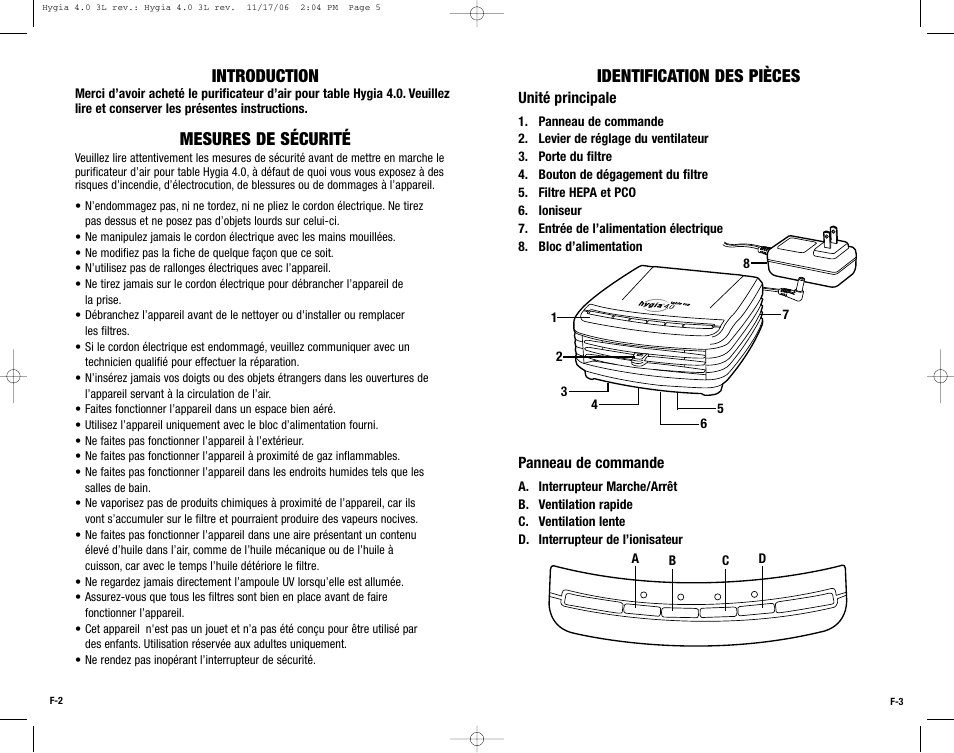 Introduction, Mesures de sécurité, Identification des pièces | Guardian Technologies Hygia 4.0 User Manual | Page 5 / 10