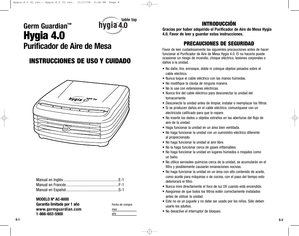 Hygia 4.0, Purificador de aire de mesa, Germ guardian | Instrucciones de uso y cuidado, Introducción, Precauciones de seguridad | Guardian Technologies Hygia 4.0 User Manual | Page 8 / 10