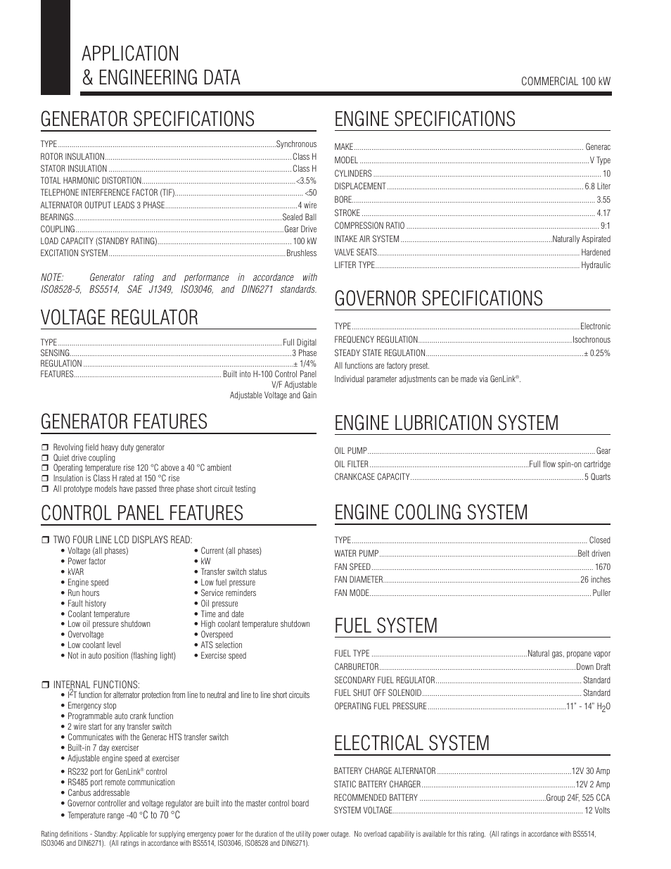 Application & engineering data, Generator specifications, Generator features | Voltage regulator, Control panel features, Engine specifications, Governor specifications, Engine lubrication system, Engine cooling system, Fuel system | Guardian Technologies QT10068 User Manual | Page 2 / 4