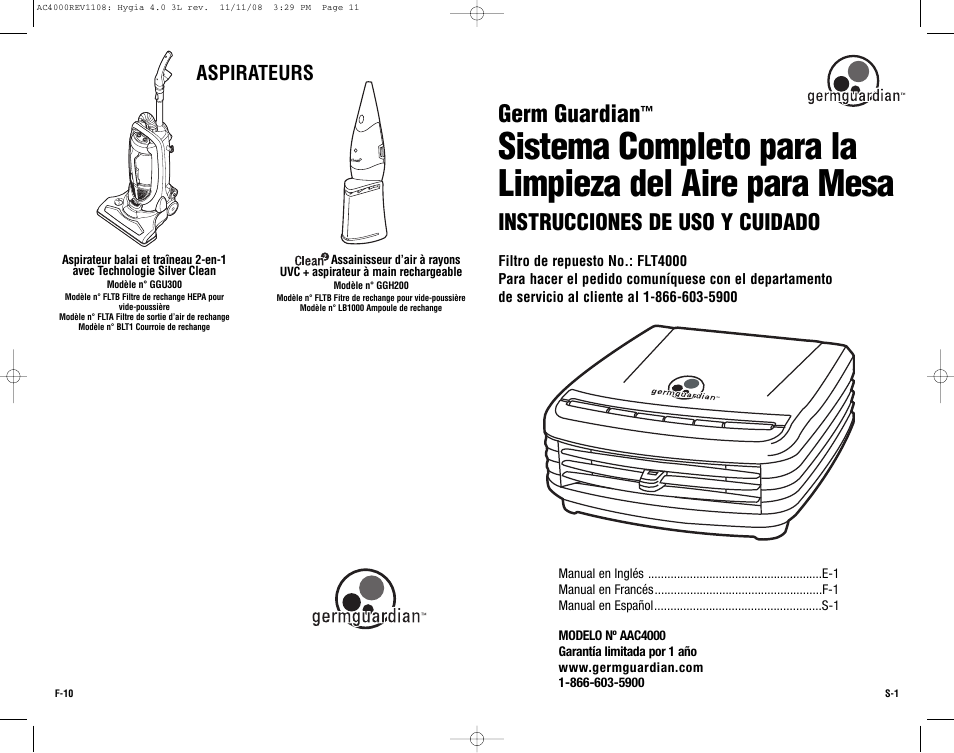 Germ guardian, Instrucciones de uso y cuidado, Aspirateurs | Guardian Technologies AC4000 User Manual | Page 11 / 16