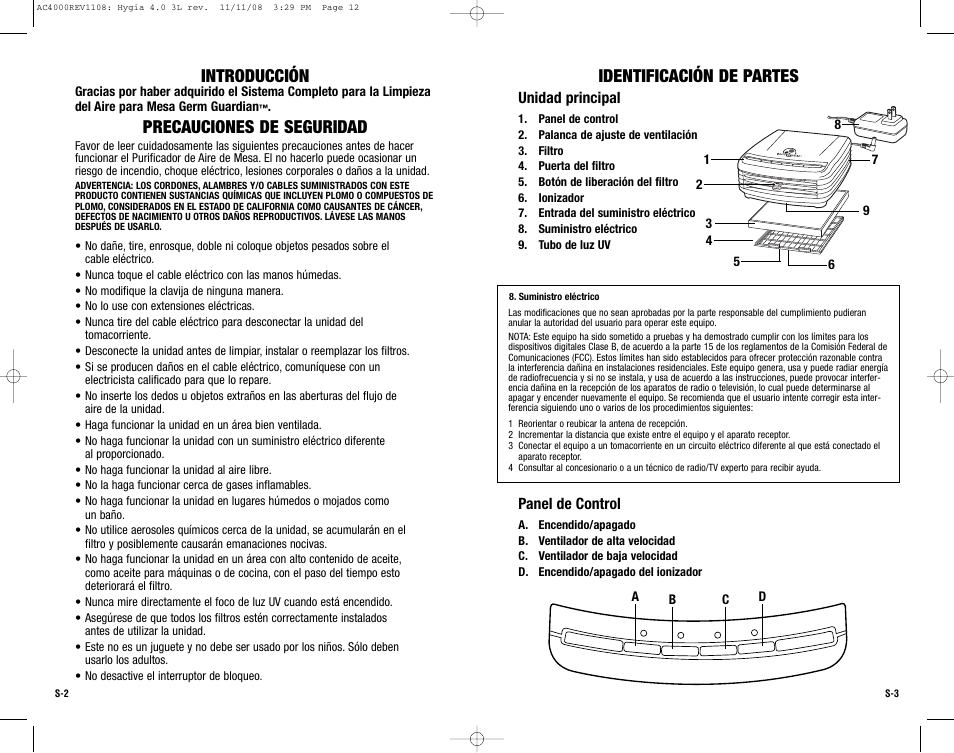 Introducción, Precauciones de seguridad, Identificación de partes | Guardian Technologies AC4000 User Manual | Page 12 / 16