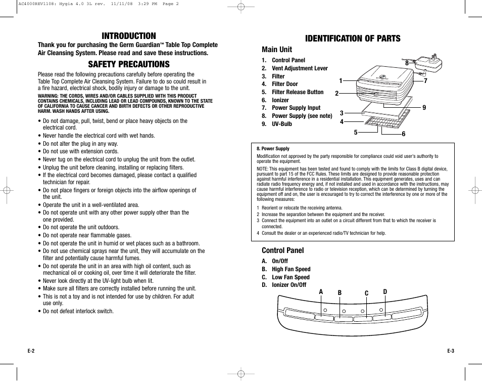 Introduction, Safety precautions, Identification of parts | Guardian Technologies AC4000 User Manual | Page 2 / 16