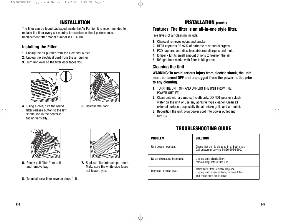 Installation, Troubleshooting guide | Guardian Technologies AC4000 User Manual | Page 3 / 16