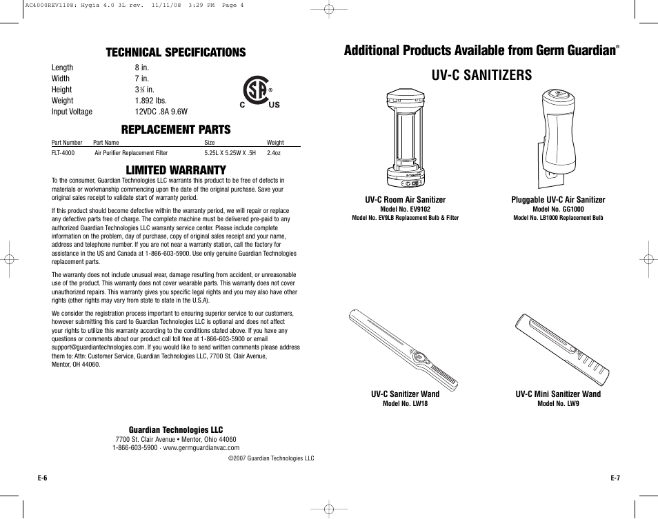 Additional products available from germ guardian, Uv-c sanitizers, Technical specifications | Replacement parts, Limited warranty | Guardian Technologies AC4000 User Manual | Page 4 / 16