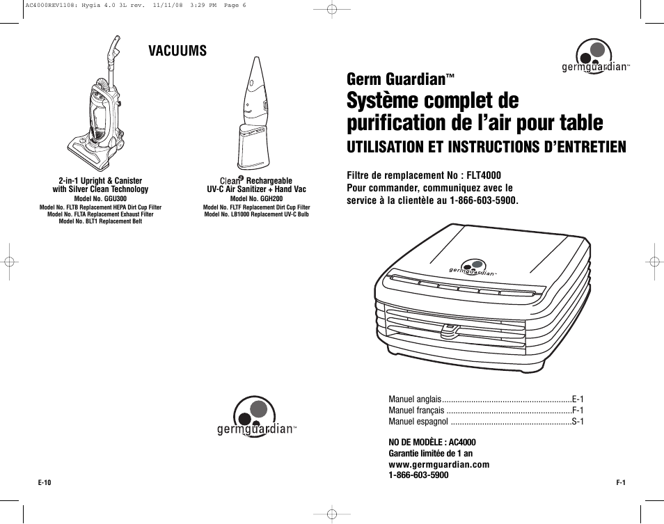 Germ guardian, Utilisation et instructions d’entretien, Vacuums | Guardian Technologies AC4000 User Manual | Page 6 / 16