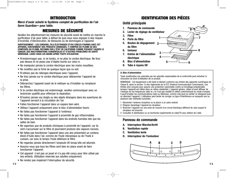 Introduction, Mesures de sécurité, Identification des pièces | Guardian Technologies AC4000 User Manual | Page 7 / 16