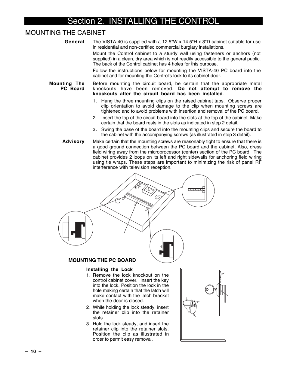 2 installing the control, Mounting the cabinet | Guardian Technologies Ademco VISTA-40 User Manual | Page 10 / 122