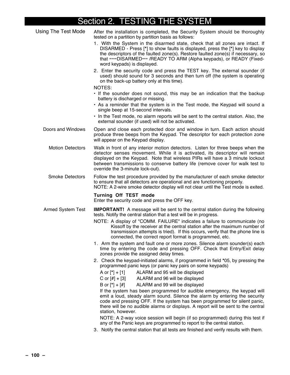 2 testing the system | Guardian Technologies Ademco VISTA-40 User Manual | Page 100 / 122