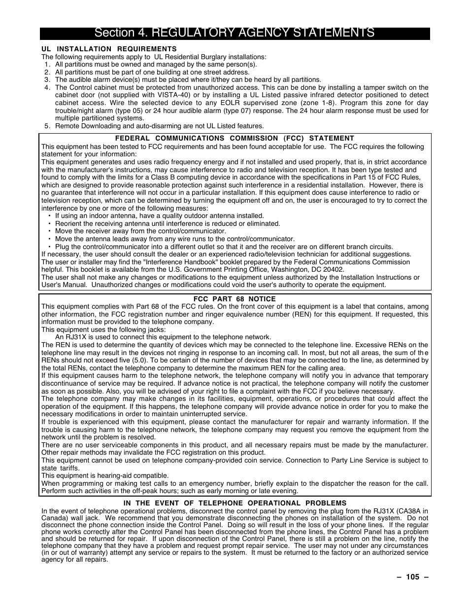 4 regulatory agency statements | Guardian Technologies Ademco VISTA-40 User Manual | Page 105 / 122