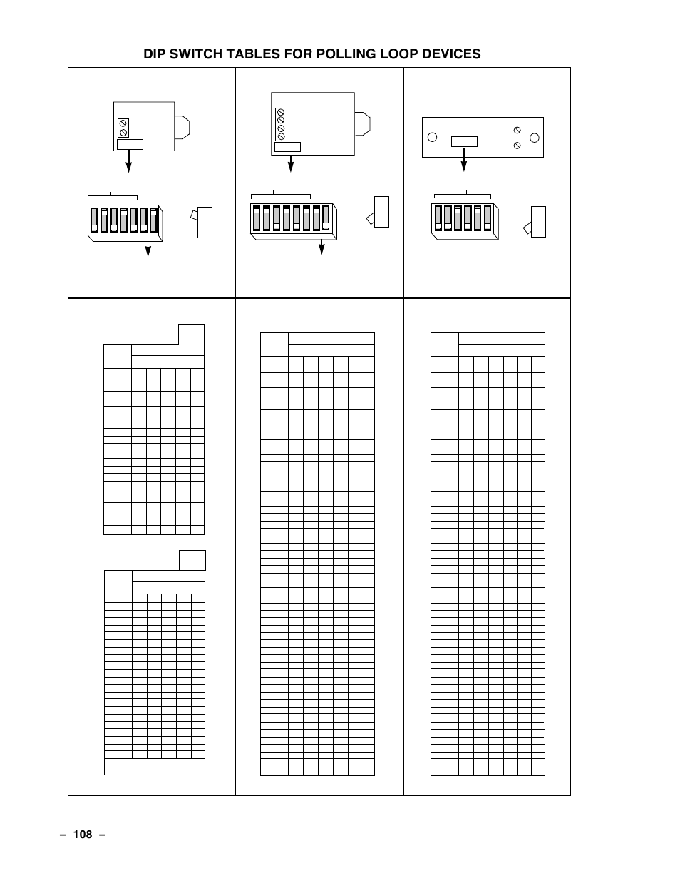 Dip switch tables for polling loop devices, Р 108 р, 4275 pir | 4194 reed contact (surface mount), 4278 pir | Guardian Technologies Ademco VISTA-40 User Manual | Page 108 / 122