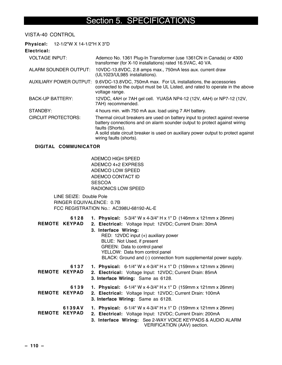 5 specifications | Guardian Technologies Ademco VISTA-40 User Manual | Page 110 / 122