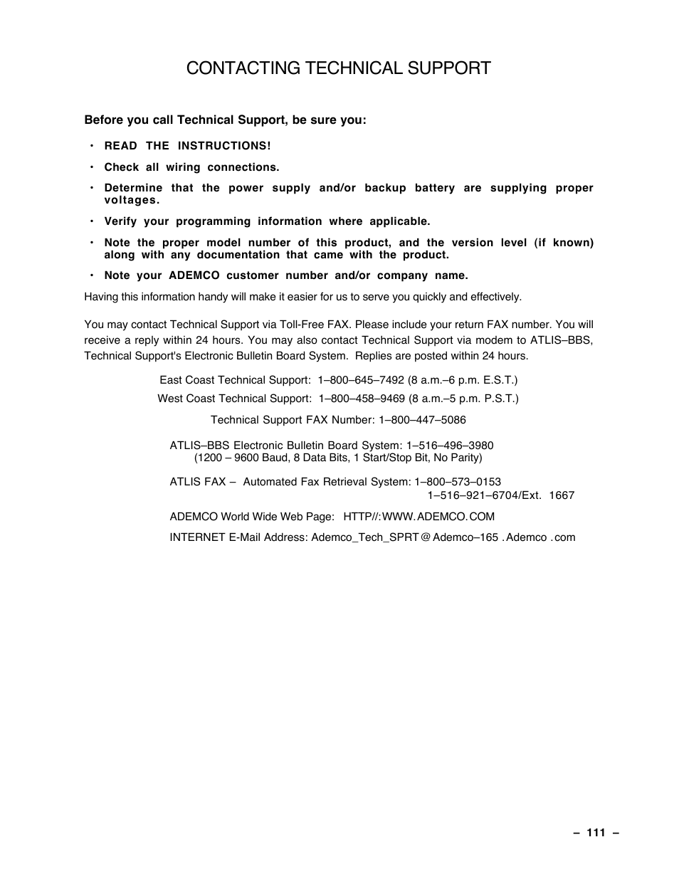 Contacting technical support, Please | Guardian Technologies Ademco VISTA-40 User Manual | Page 111 / 122