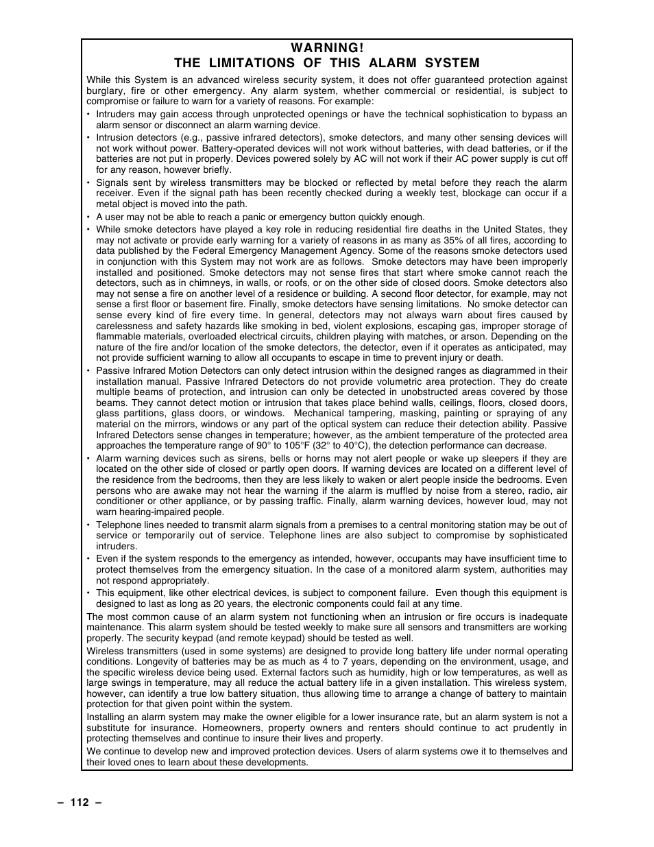 Limitations of the alarm system, Warning! the limitations of this alarm system | Guardian Technologies Ademco VISTA-40 User Manual | Page 112 / 122