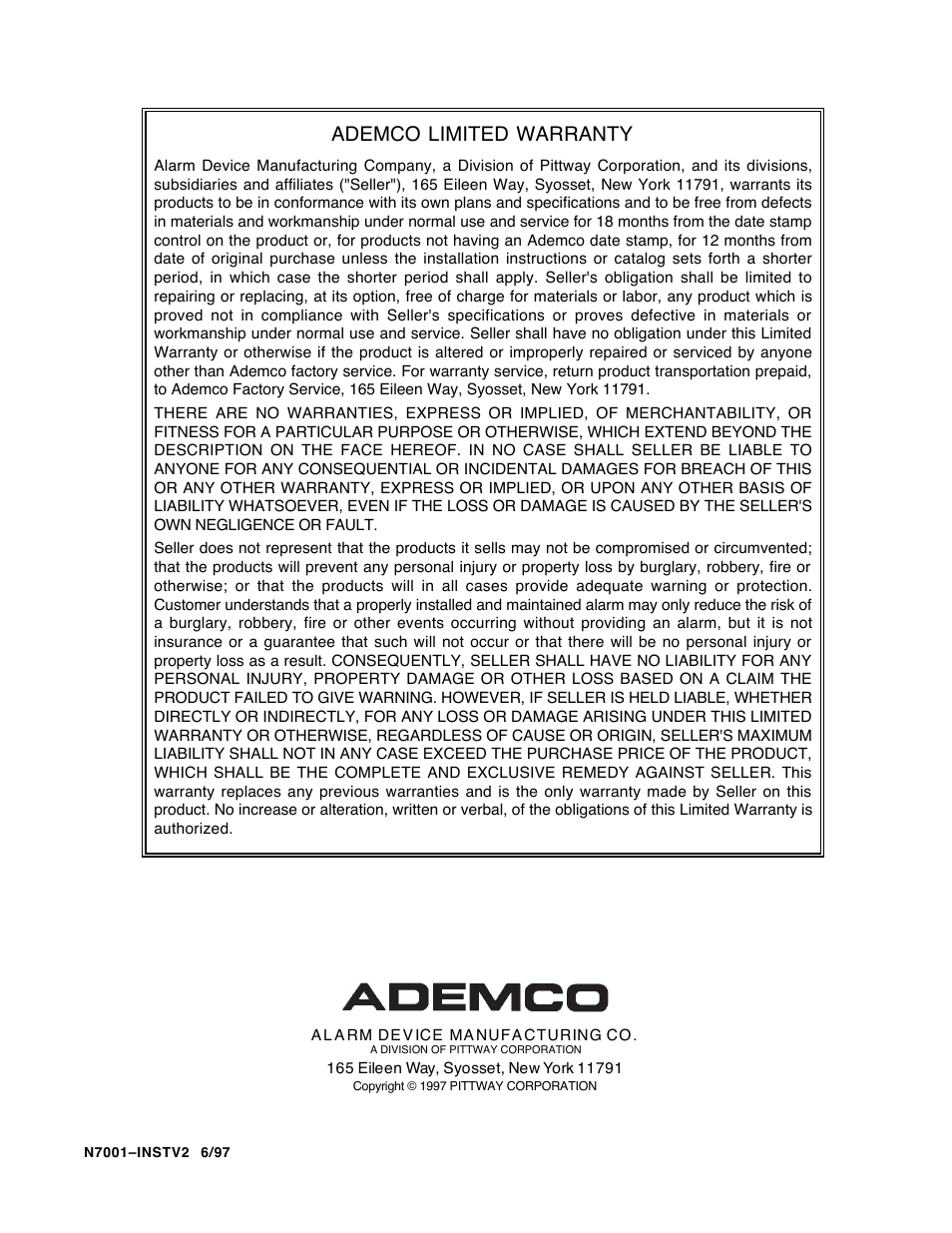 Limited warranty, Ademco limited warranty | Guardian Technologies Ademco VISTA-40 User Manual | Page 114 / 122