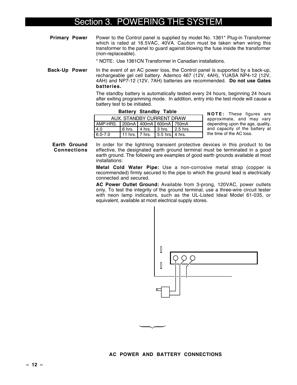 3 powering the system, Р 12 р, Ac power and battery connections | Guardian Technologies Ademco VISTA-40 User Manual | Page 12 / 122