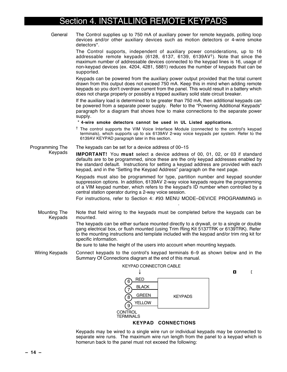 4 installing remote keypads | Guardian Technologies Ademco VISTA-40 User Manual | Page 14 / 122