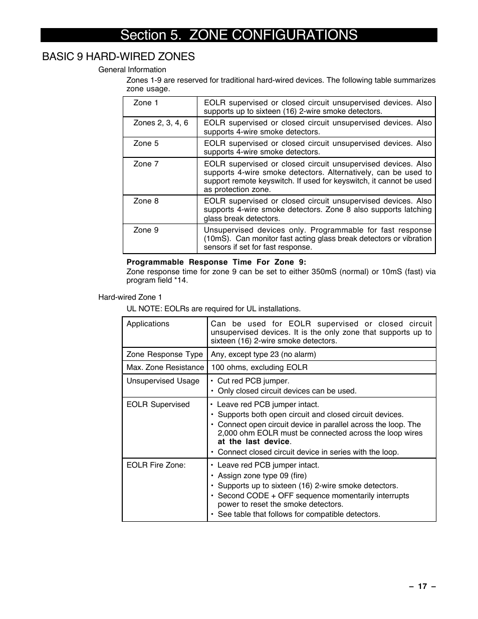 5 zone configurations, Basic 9 hard-wired zones | Guardian Technologies Ademco VISTA-40 User Manual | Page 17 / 122