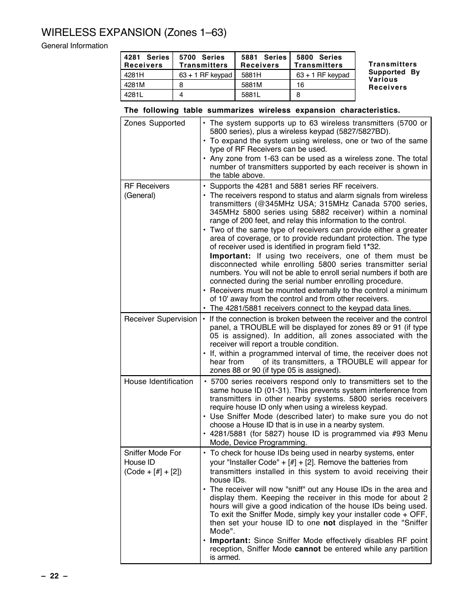 Wireless expansion (zones 1ð63) | Guardian Technologies Ademco VISTA-40 User Manual | Page 22 / 122