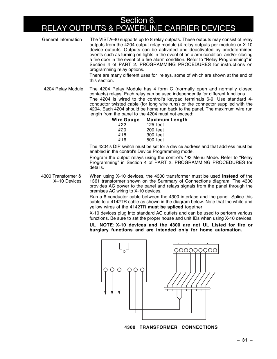 6 relay outputs & powerline carrier devices, Relay outputs & powerline carrier devices, Р 31 р | Gauge maximum, 4300 transformer connections | Guardian Technologies Ademco VISTA-40 User Manual | Page 31 / 122