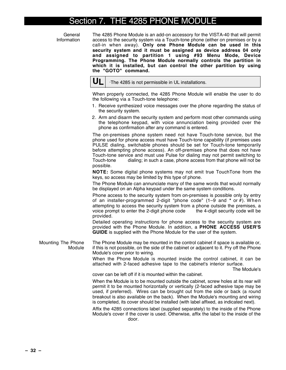 7 the 4285 phone module | Guardian Technologies Ademco VISTA-40 User Manual | Page 32 / 122