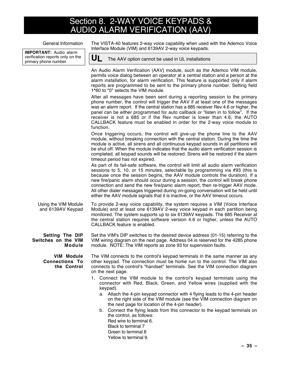 8 two-way voice keypads & audio alarm verification | Guardian Technologies Ademco VISTA-40 User Manual | Page 35 / 122