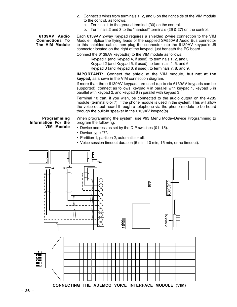 Connecting the ademco voice interface module (vim) | Guardian Technologies Ademco VISTA-40 User Manual | Page 36 / 122