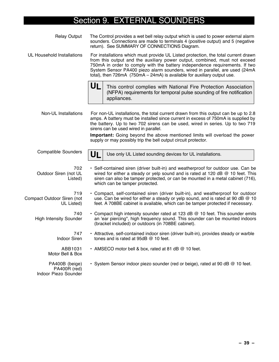 9 external sounders | Guardian Technologies Ademco VISTA-40 User Manual | Page 39 / 122