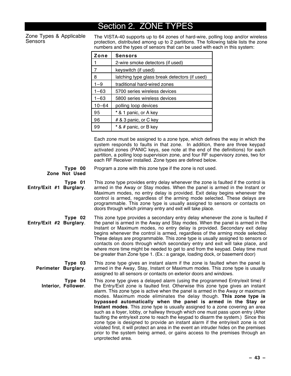 2 zone types | Guardian Technologies Ademco VISTA-40 User Manual | Page 43 / 122
