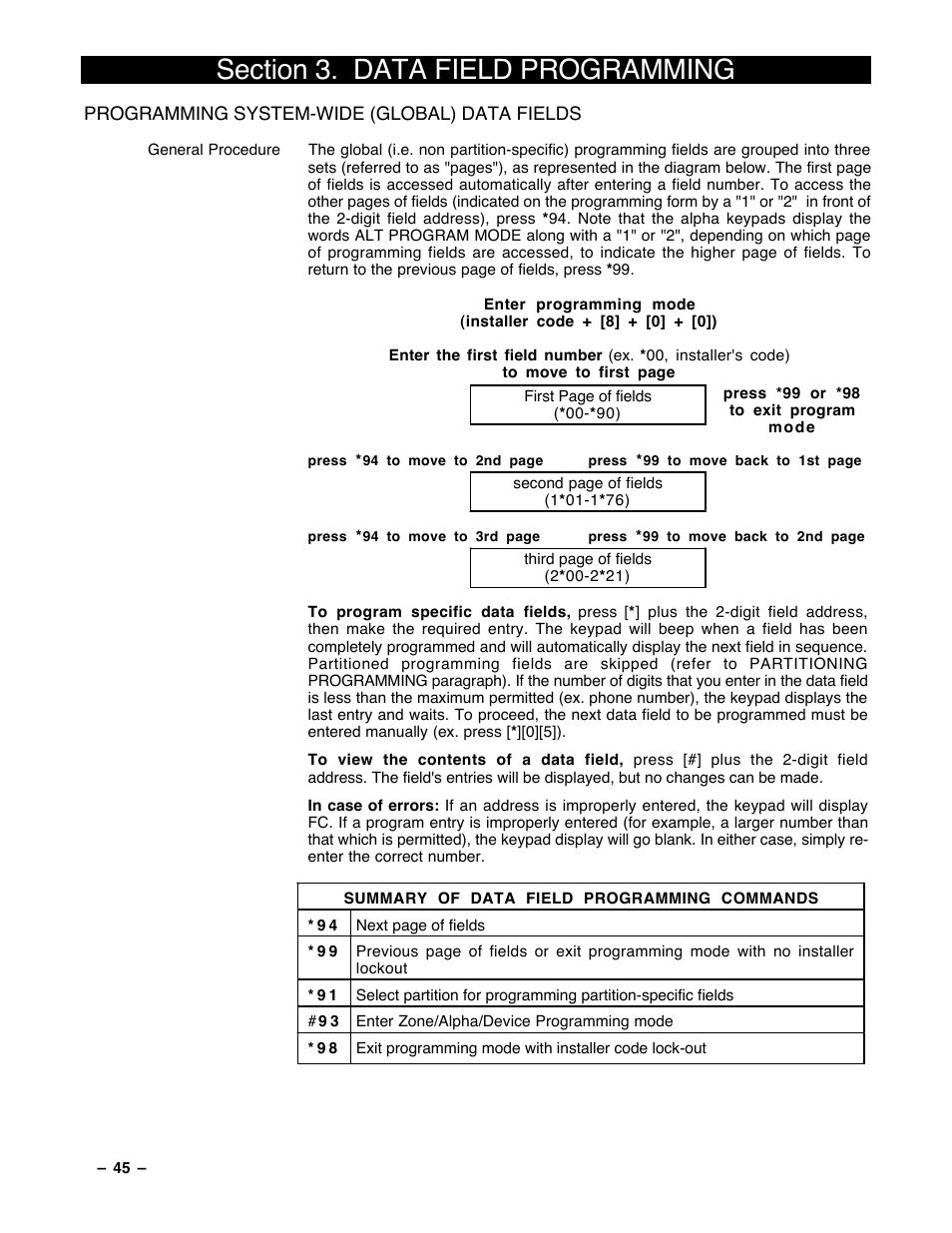 3 data field programming | Guardian Technologies Ademco VISTA-40 User Manual | Page 45 / 122