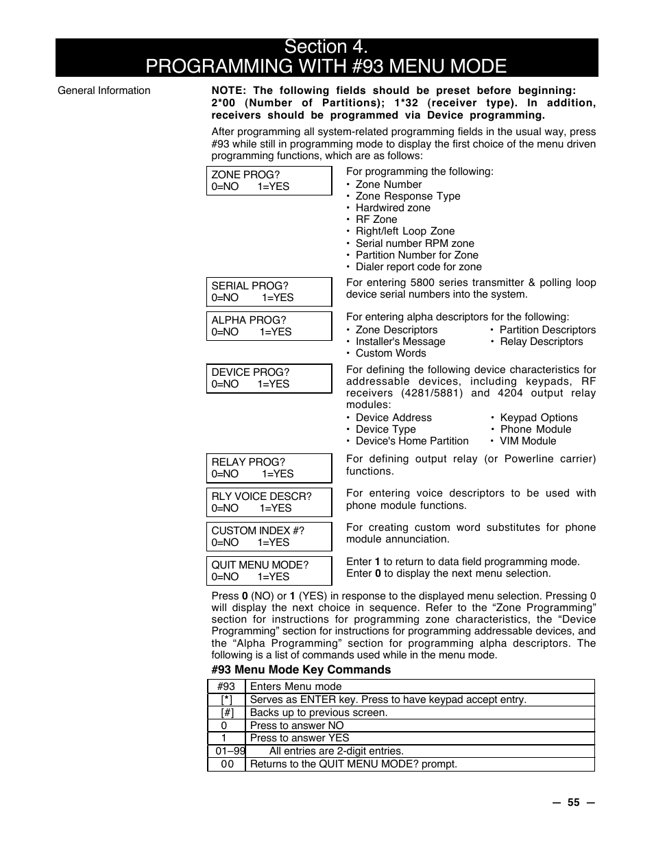 4 programming with #93d menu mode | Guardian Technologies Ademco VISTA-40 User Manual | Page 55 / 122