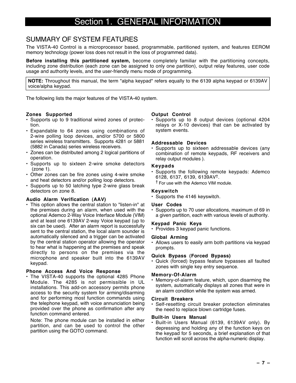 1 general information, Summary of system features, System features | Guardian Technologies Ademco VISTA-40 User Manual | Page 7 / 122